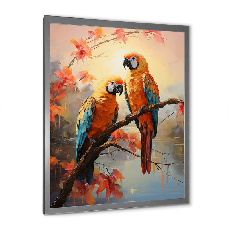 Perroquets coucher de soleil sérénade sur toile, H 40 po x l 30 po x P 1,5 po, Cadre photo argenté