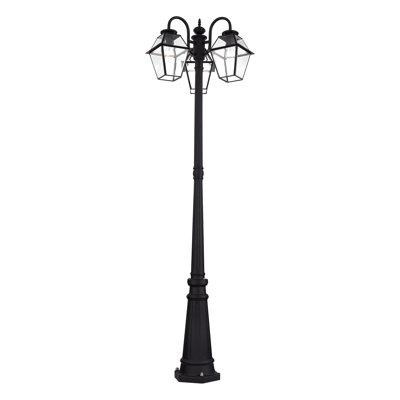 Lampadaire d'extérieur noir multi-têtes avec verre biseauté transparent