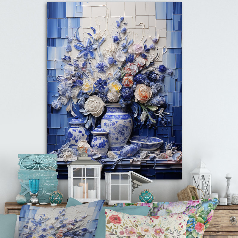 Art mural bleu et blanc Boho Flower Pottery III - Boho Pottery, H 32 po x l 24 po x P 1 po, Toile tendue