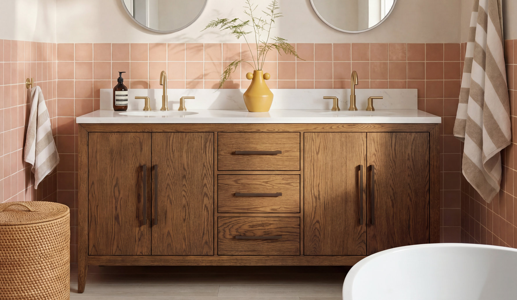 Double bathroom vanity with a wood grain finish, white stone countertop, and two brass faucets set against a wall with pink square tiles.