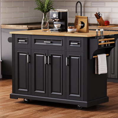 Large Kitchen Island With Drop Leaf, Embossed Texture, 4 Wheels, 3 Drawers, Adjustable Shelves And Spice Rack