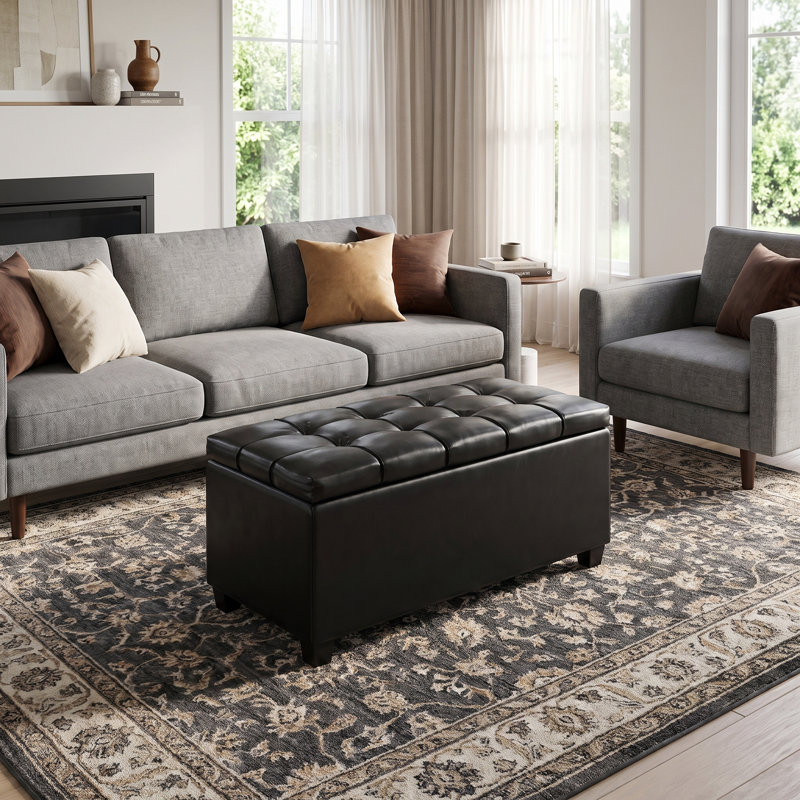 Banc/repose-pieds avec rangement rectangulaire de style transitionnel de 84 cm de large revêtu de cuir végan capitonné