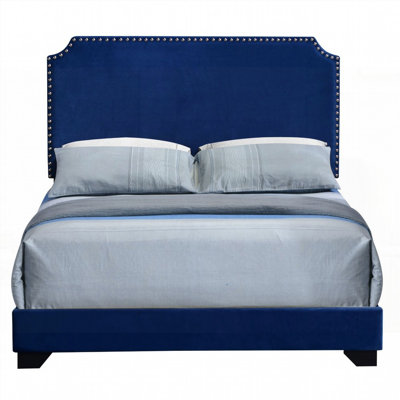 Grand lit à panneau bleu avec tête de lit à cuillères - aucun sommier nécessaire, robuste et durable