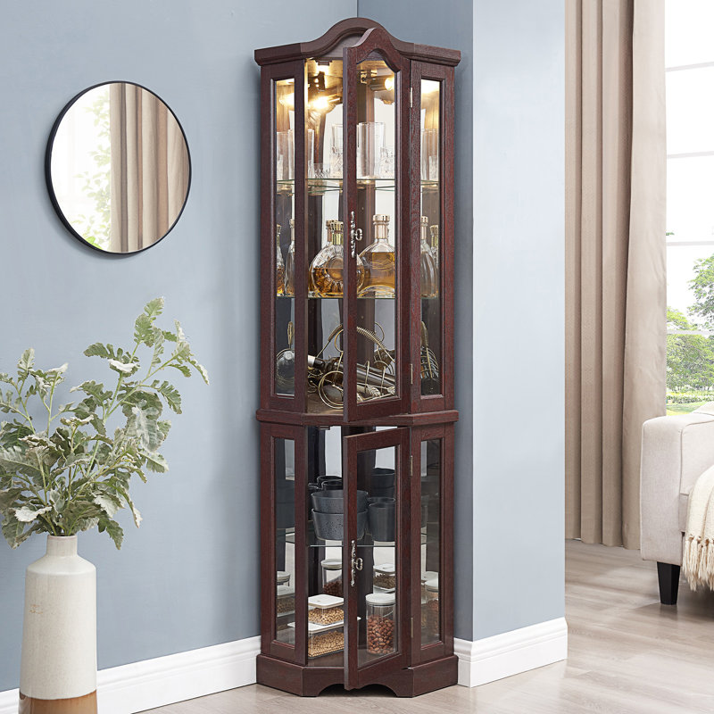 Lighted Corner Curio Cabinet With Tempered Glass Doors & Shelves, Cherry