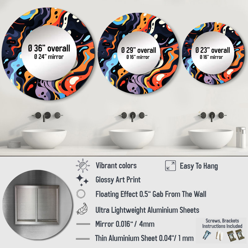 Roey Tribal Essence Paisley Feather - miroir unique abstrait, grand miroir mural bleu, impression d'art en métal, Rond