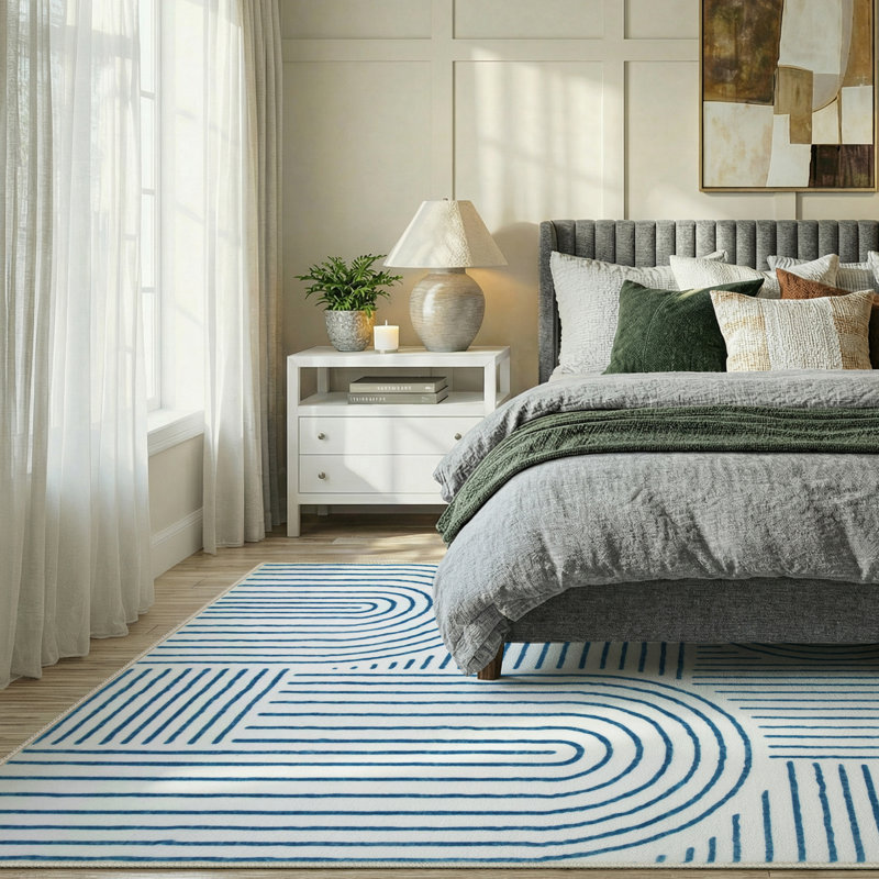 Celeta Washable Abstract Japandi Rainbow Striped Blue Area Rug - Colorful Modern Carpet for Living Room, Bedroom, or Office Decor