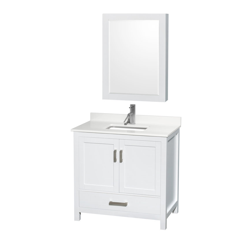 Sheffield 36" Freestanding Single Bathroom Vanity with Quartz Top with Medicine Cabinet, White Quartz, White, Chrome