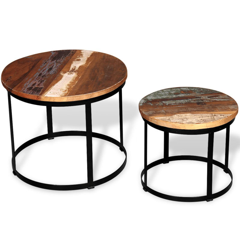 Vintage Charm Industrial Round Coffee & Side Table Set in Polished Wood & Metal