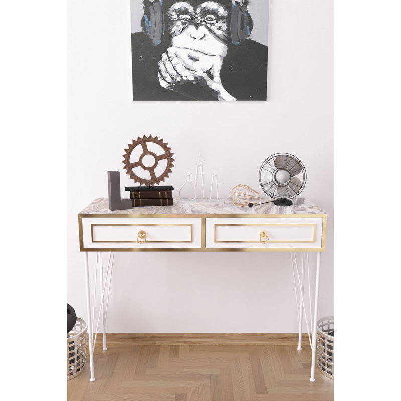 Console en bois avec pieds en métal, couleur blanche, 47 po de profondeur, 14 po de largeur, 35 po de hauteur