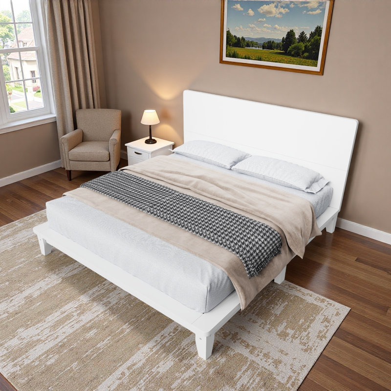 Lit plateforme avec support en lattes de bois et pieds robustes, Blanc, Grand lit