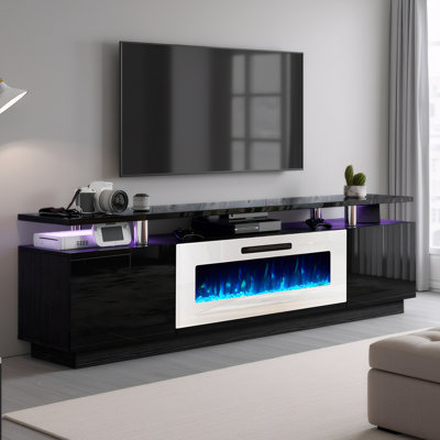 Meuble télé Bhhatu à 2 niveaux avec foyer électrique de 80 po lustré noir et blanc