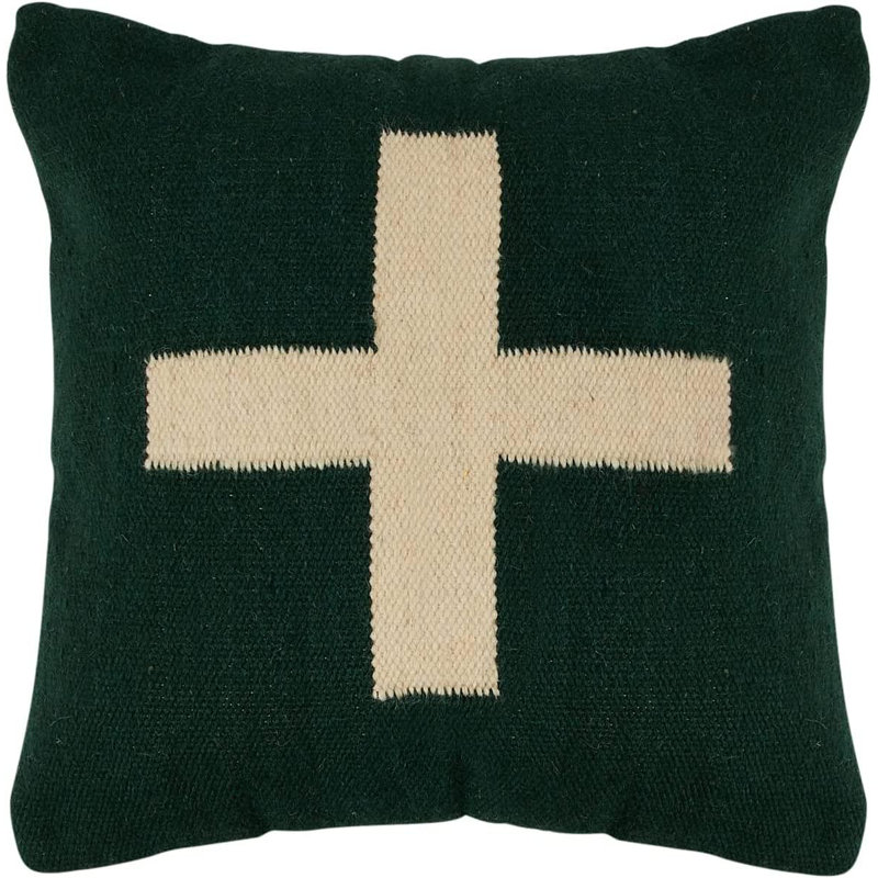 Swiss Cross Cotton Wool Throw Pillow, Green/Cream
