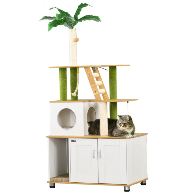 2‑in‑1 Hidden Cat Litter Box Enclosure Cat Tree with House, Ladder & Scratching Posts, Oak