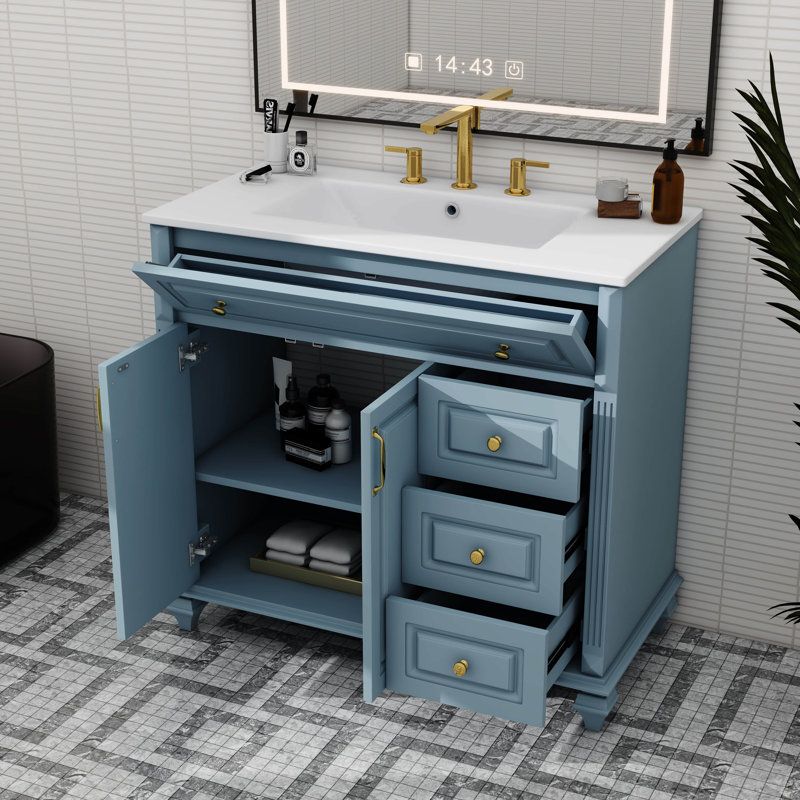 Ensemble de meuble-lavabo de 36 pouces de conception moderne avec 3 tiroirs spacieux et un tiroir rabattable, ainsi que des portes à fermeture en douceur