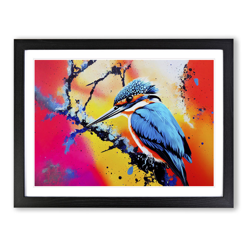 Kingfisher Bird Splashed Vol.2 Abstract - Single Picture Frame Print, Black, 46cm H x 64cm W x 2cm D