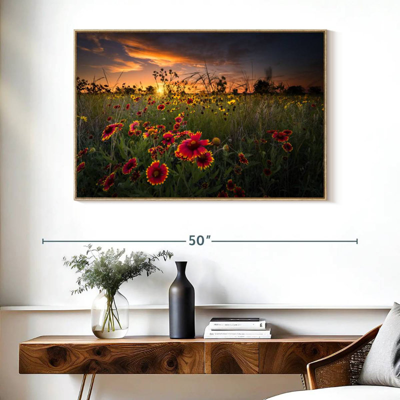 Aube au champ de fleurs, Cadre flottant en bois naturel, 40 po x 27 po