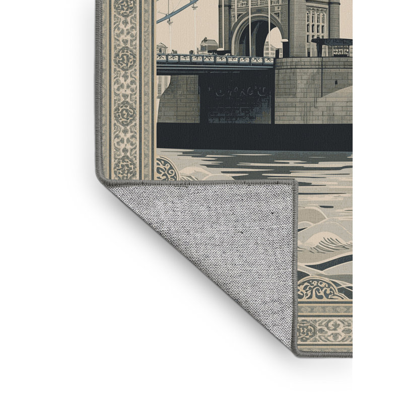 Machine Washable Orkan London Tower Bridge Traditional Oriental Rug in Beige – Gray Binding, 5x7