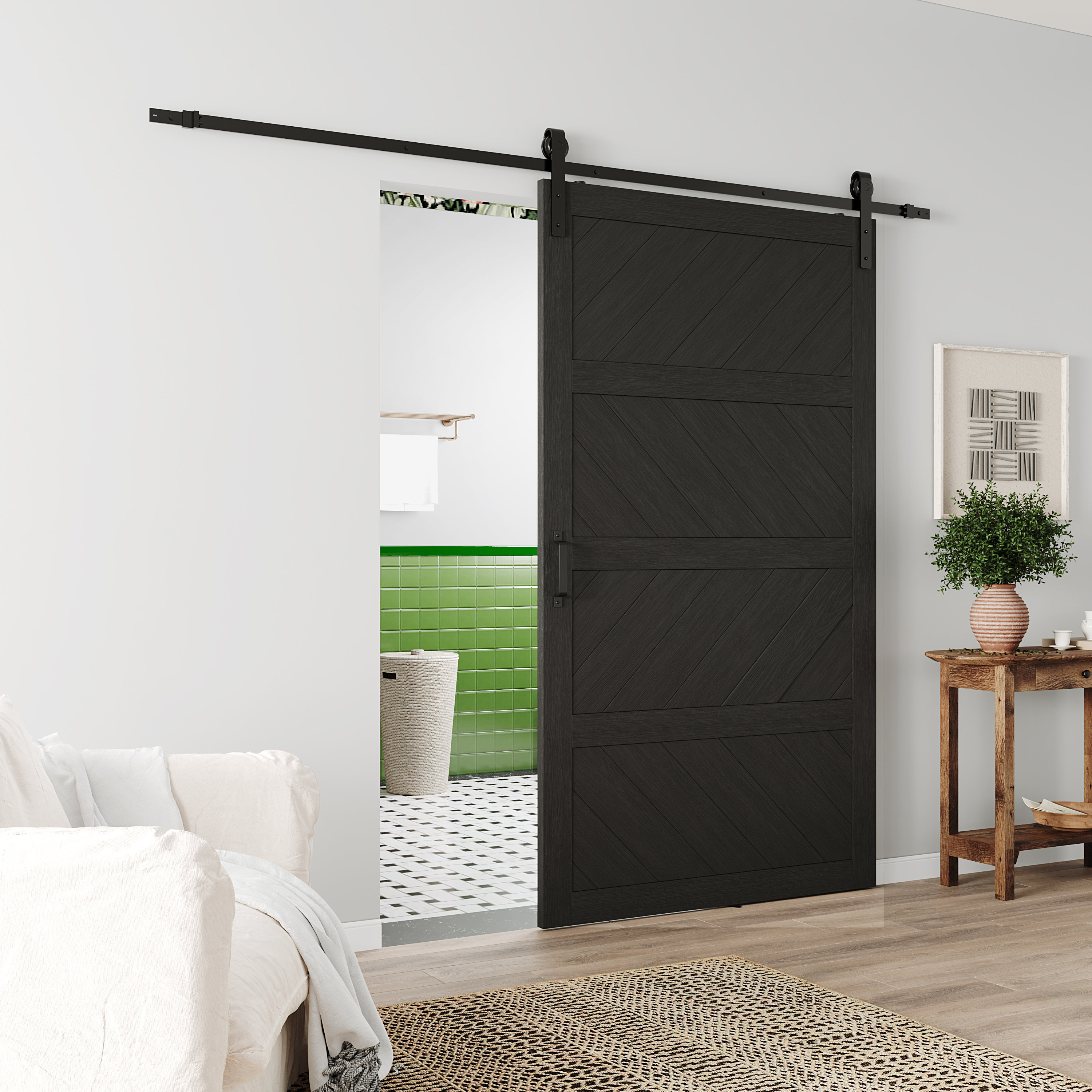 CHIC MODE 4 Lite Solid Wood Panel Black Barn Door With Installation