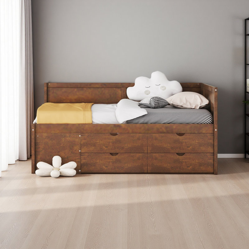 Lit de jour avec tiroirs et tablettes, Complet/Double, Noyer