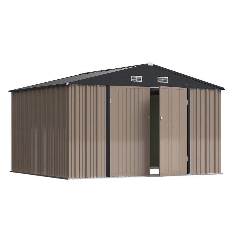 Outdoor Garden Metal Storage Shed with Lockable Double Doors, Gray, 76.4" H x 125.5" W x 120" D
