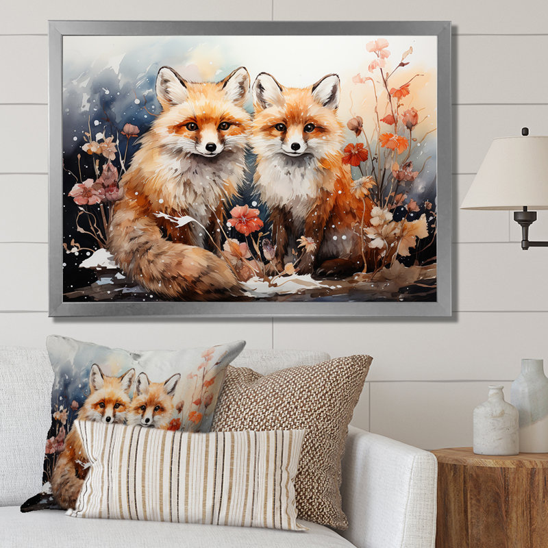 «Springtime Foxs Gaze II», art mural animal renard, Cadre de coin argenté fermé, H 24 po x l 32 po x P 1 po