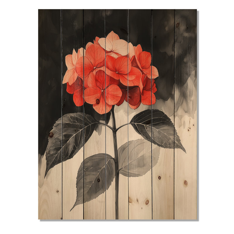 Hortensias monochromes avec décor de pétales rouges III - décoration murale en bois d'hortensias - sur bois de pin naturel