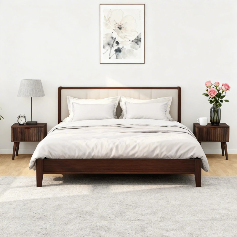 Mid-Century Nightstand With Gold Handle, Compact Bedside Table With Drawer & Solid Wood Legs For Small Spaces, Set of 2