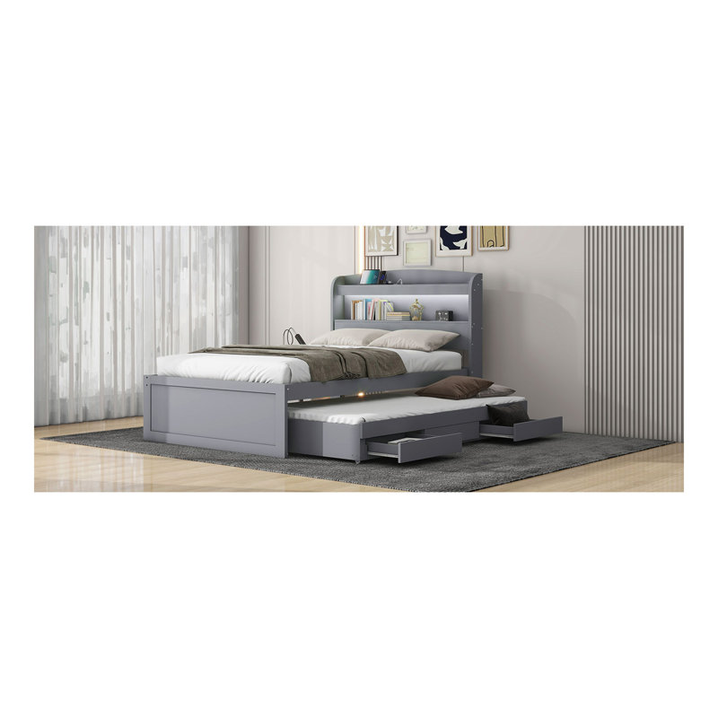 Lit plateforme simple TG avec tête de rangement à DEL, station de charge, lit gigogne simple et 2 tiroirs, Gris