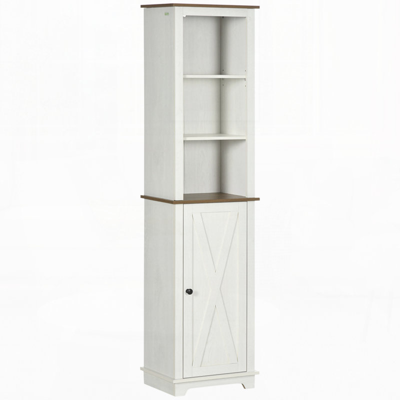 Slim Bathroom Storage Cabinet with Triple Open Shelves, Wooden Freestanding Linen Tower with Door and Shelf