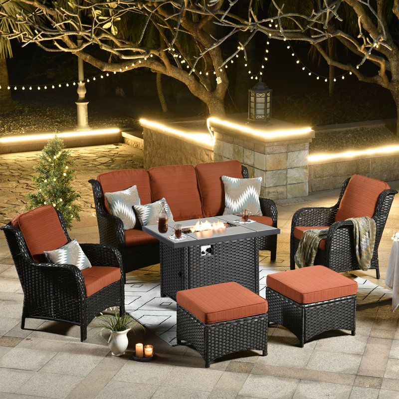 NTC Premium All-Weather Wicker 7 - Person Patio Conversation Set with Cushions, Orange