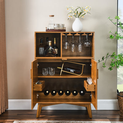 Armoire de rangement pour le vin rustique, buffet de 31,5 po avec support en verre et tablette, support réglable pour la salle à manger à la maison, tablettes