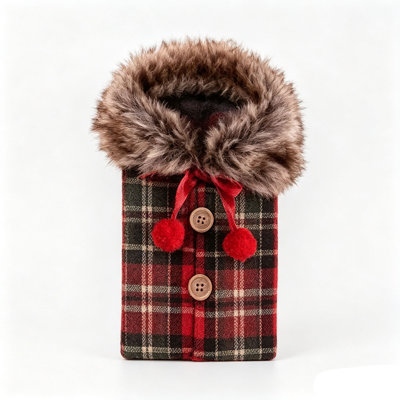 Christmas Wine Bottle Cover with Soft Collar. Plaid Herringbone Xmas Wine Bottle Sleeve for Holiday Table Decor
