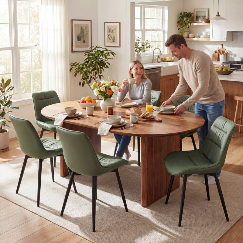 Emsley Faux Leather Upholstered Dining Chair Armless Side Chair with Metal Legs, Bean Green