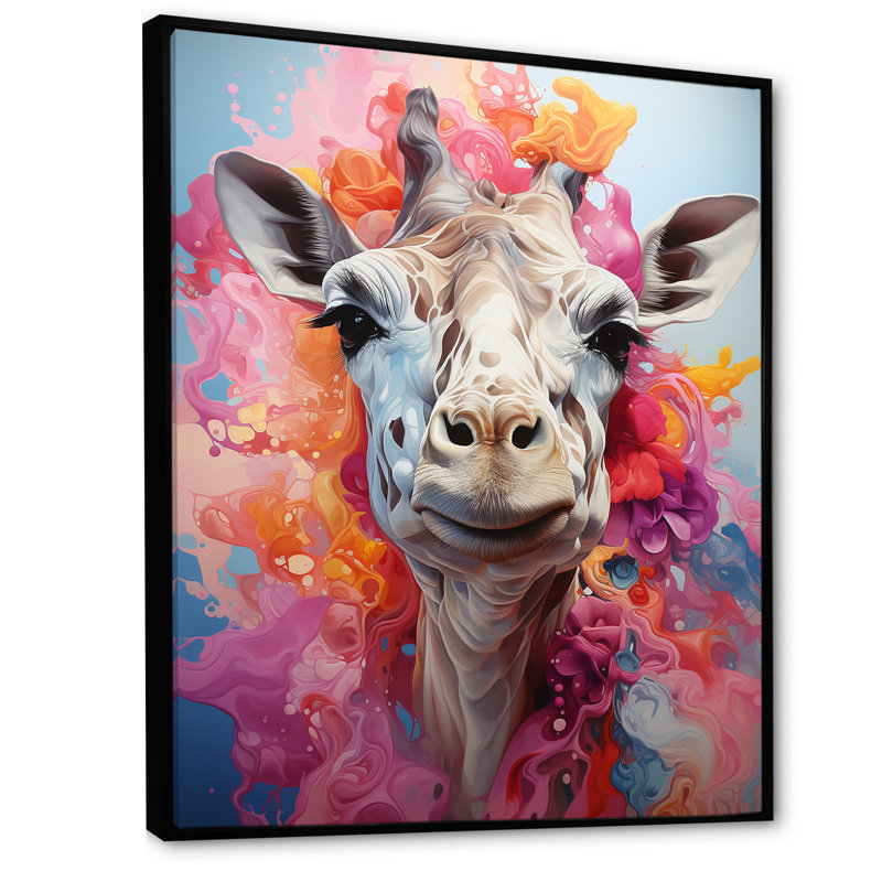 Multicolore girafe pastel Giants - Girafe sur toile, art mural, Cadre flottant noir, H 32 po x l 16 po x P 1 po