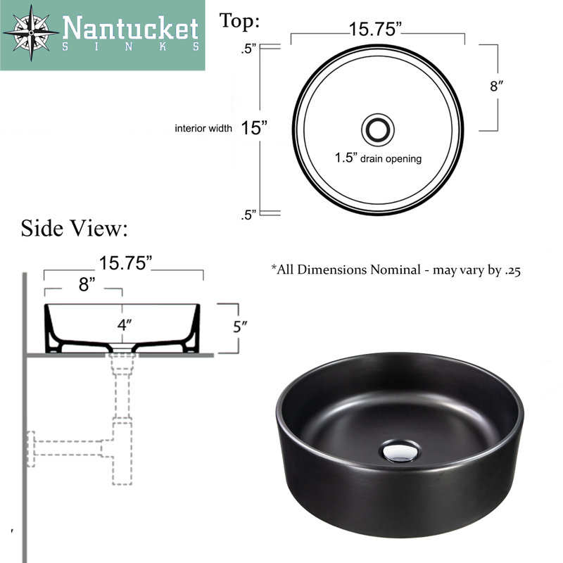 Regatta Poured Circular Vessel Bathroom Sink, Matte Black