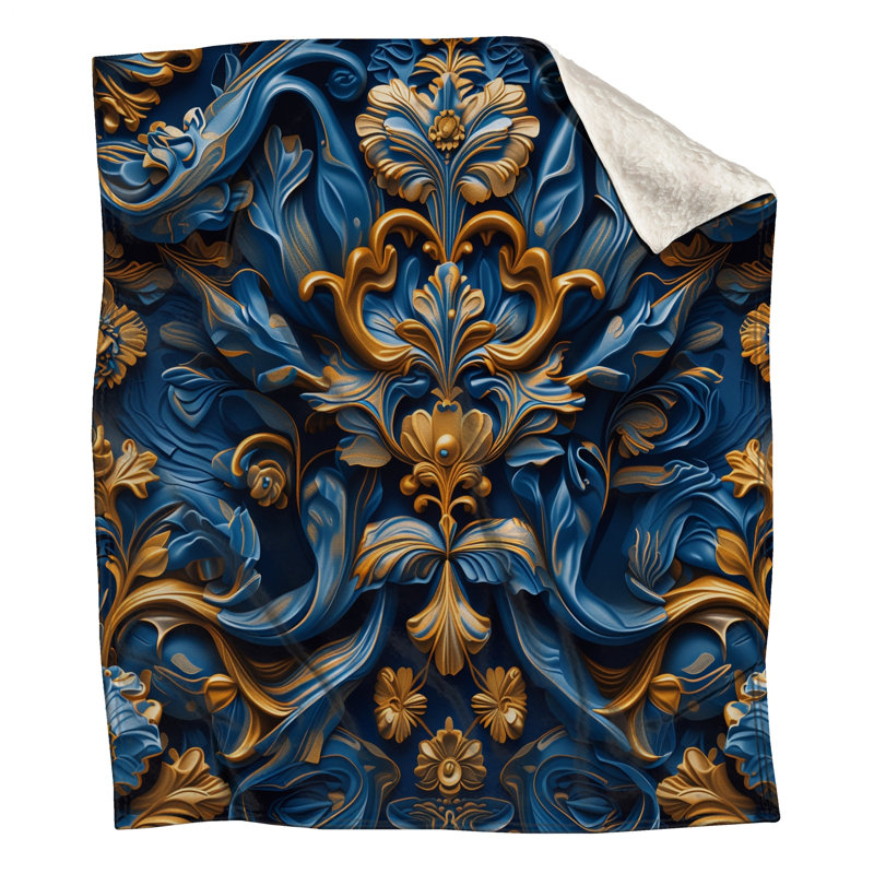 Blue Gold Baroque Pattern Blankets, 60in W x 80in H