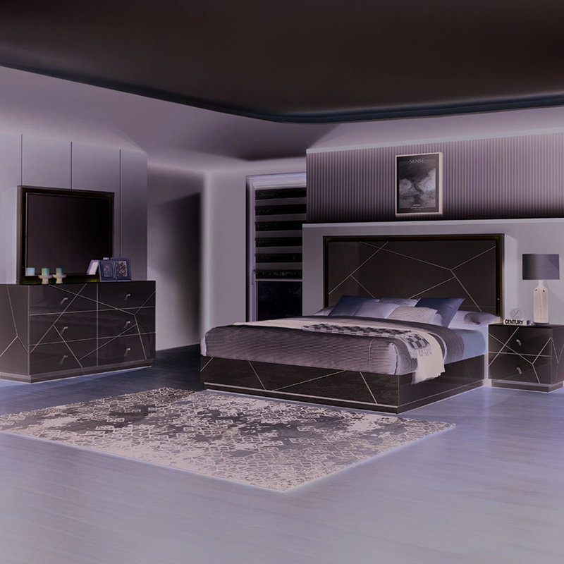 Structure de lit grand format avec motif géométrique, éclairage à DEL et laque brillante pour la maison avec motif, finition ultrabrillante