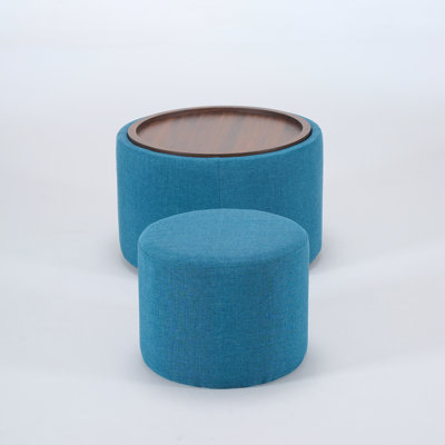 Ball & Cast Nesting Storage Ottomans Of 2, Linen Upholstered Footstool W/Wood Tray, 22.75" Round Coffee Table & Bench, Blue