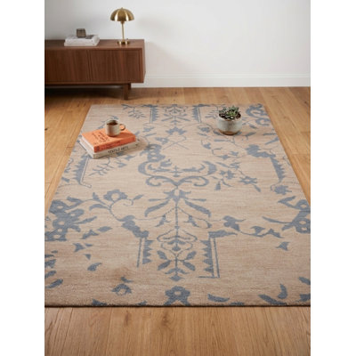 Beige 100% Wool Handmade Floral Indoor Area Rug Hand Knotted Rectangle