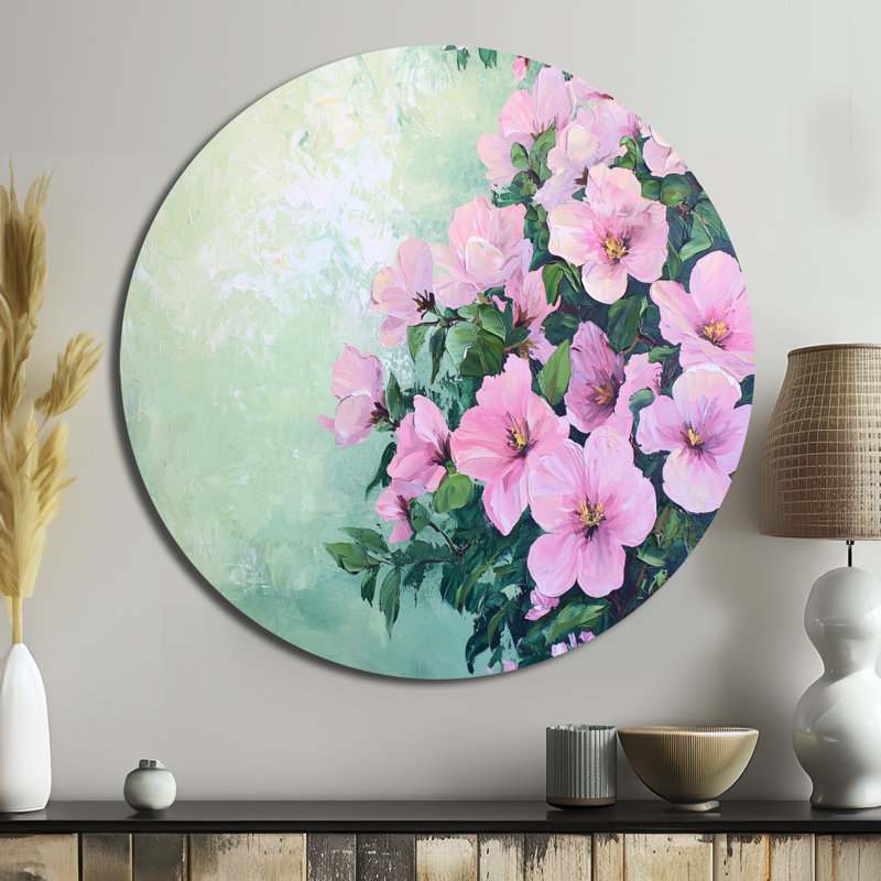 Spring Symphony Violets - décoration murale ronde botanique, art mural de salon rose, H 36 po x l 36 po