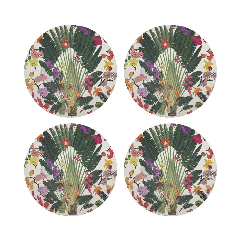 Fantasy Tropical White Vegan Leather Round Coasters, White
