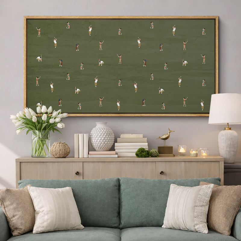 «Whimsical Golfers on Green», impression sur toile encadrée, décor Mid-Century ludique, H 30 po x l 60 po, Naturel