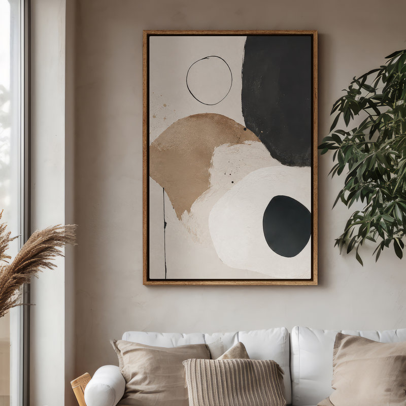 Art mural sur toile encadrée - Formes abstraites minimalistes et neutres avec des cercles noirs - 16 po x 24 po, 24 po x 36 po