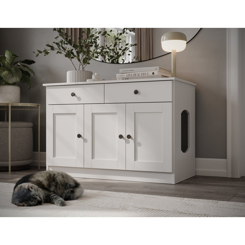White Solid Wood 3-Door Cat Litter Enclosure with Drawers