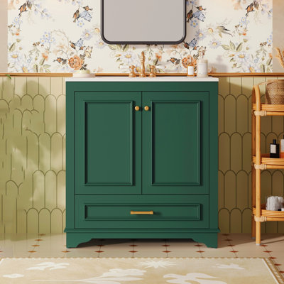 30-Inch Solid Wood Frame Luxury Bathroom Vanity With Ceramic Sink, Bathroom Vanity Cabinet With 2 Large Soft-Close Doors, Green