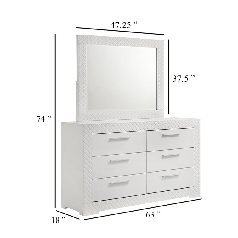 Commode large Ivon avec miroir, 6 tiroirs, blanc ultrabrillant, métal, Blanc