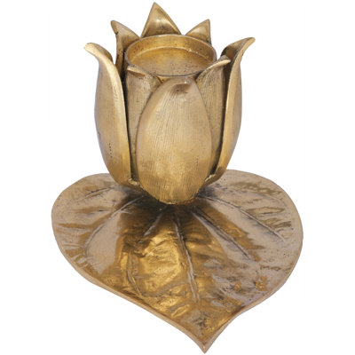 Brass Lotus Flower Candle Holder on Betel Leaf Paan Patta Base, Handcrafted Spiritual Decor for Tabletop Altar Meditation