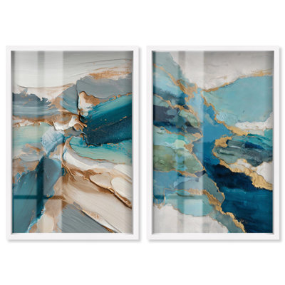 Décoration de salon Gilded Coastal Whispers Duo Shadowbox par Art Remedy, cadre blanc, 16 x 24