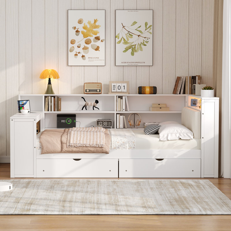 Lit plateforme Marquece avec éclairage à DEL intégré, station de charge, bureau et tête de lit tapissier, Blanc