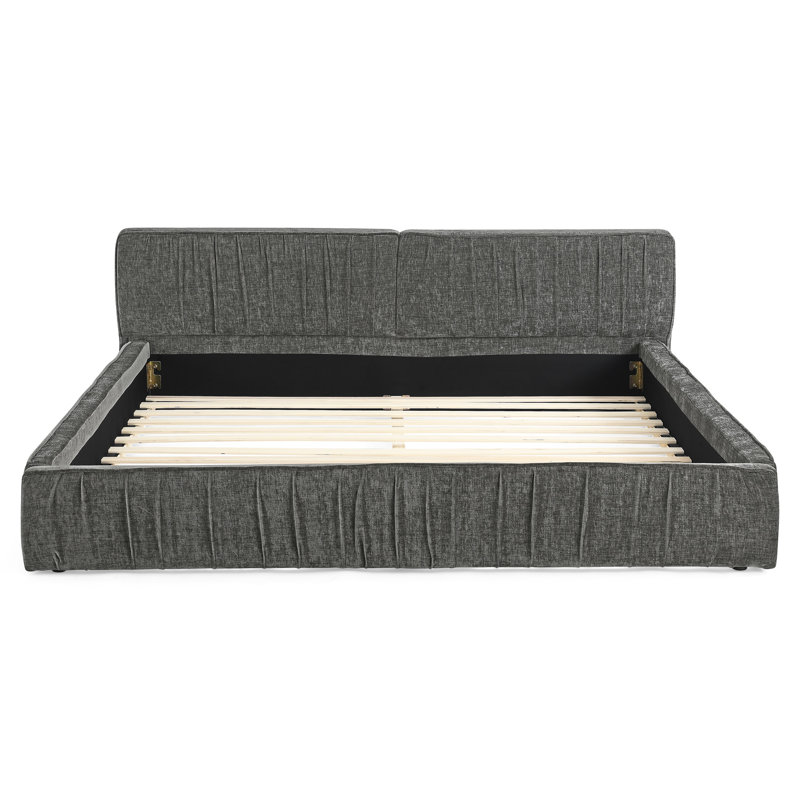 Lit plateforme grand format, tête de lit, revêtement en chenille grise, style plissé, sans sommier, construction, assemblage facile avec les matériaux du lit tapissier, tissu épais, conception manuelle, plateforme,